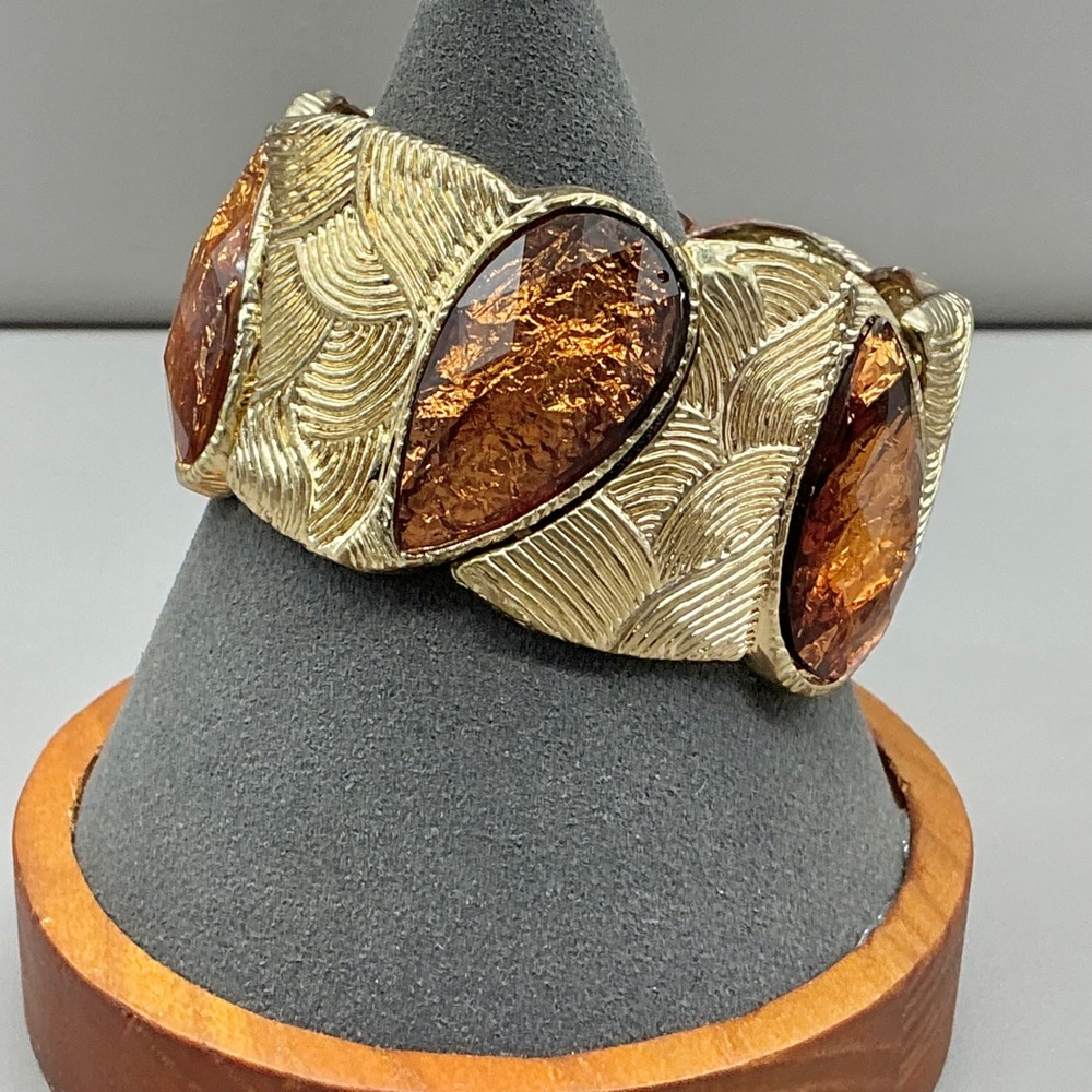 Stretch Bracelet Women Gold Tone Amber Foil Tear Drop Textured Wide Statement - Picture 2 of 6